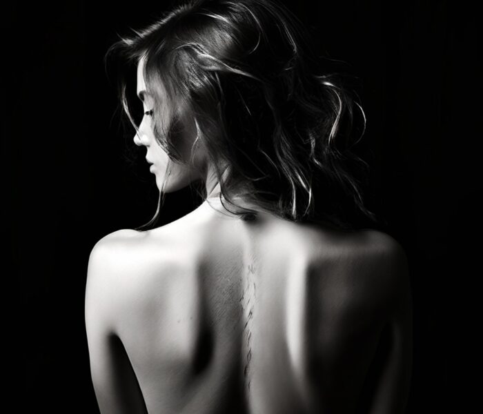 Schwarz-weiße computergenerierte Akte einer Frau mit dem Rücken zur Kamera. Zu sehen sind ihr nackter Rücken und ihr wallendes Haar, beleuchtet auf einem dunklen Hintergrund.